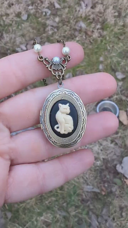 Vintage Cat Cameo Locket Necklace, Cat Lover Gift, Cat Jewelry