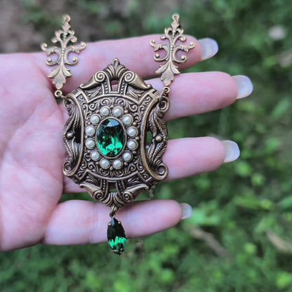 Emerald Swarovski Crystal Necklace | Victorian Pearl Statement Jewelry