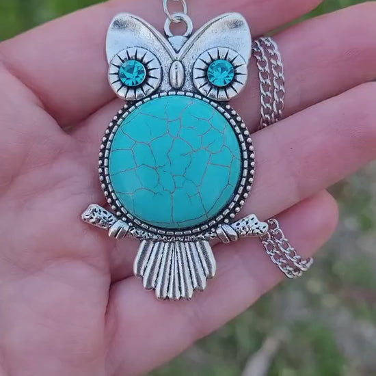 Silver Owl Pendant Necklace with natural Turquoise stone.  Owl jewelry gift.