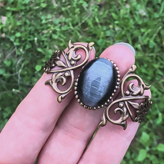 Black cats eye gothic brass bracelet 