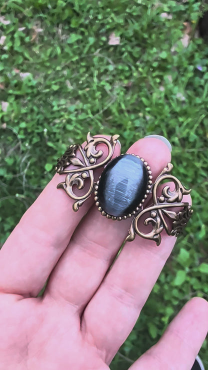 Black cats eye gothic brass bracelet 