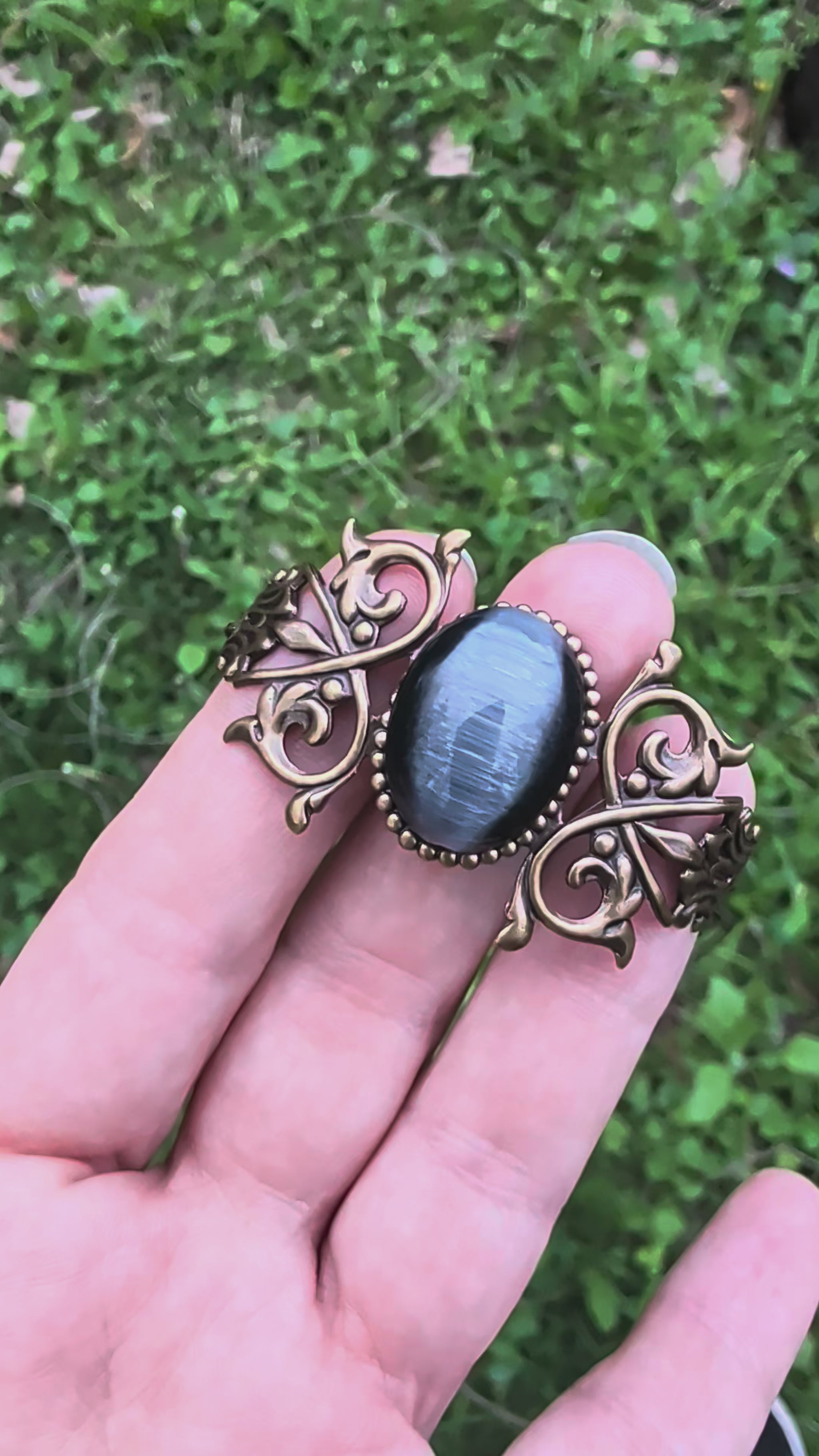 Black cats eye gothic brass bracelet 