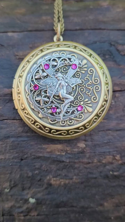 Victorian Bronze Locket Necklace with Silver Fairy on Half Moon and Swarovski Crystals, Fantasy Jewelry, Fairy Necklace, Celestial jewelry