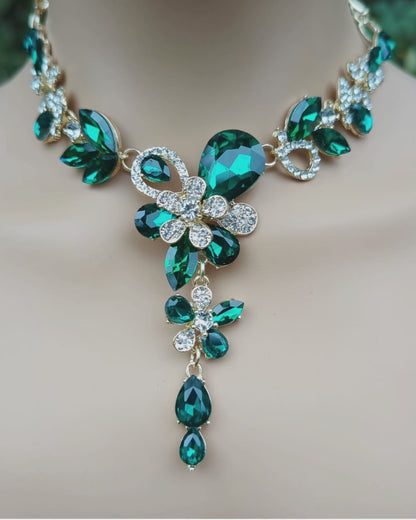 Emerald Crystal Statement Necklace Set • Floral Rhinestone Jewelry Set with Earrings & Bracelet • Adjustable Green Prom Necklace • Formal Bridal Jewelry