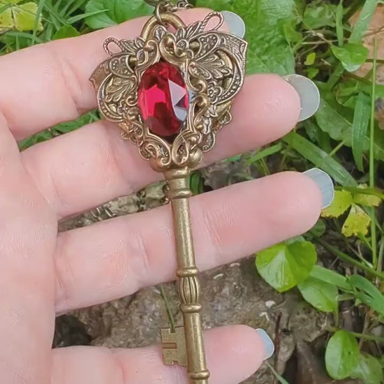 Fairy Princess Fantasy Key Necklace with Vintage Red Swarovski Crystal, Fantasy Jewelry