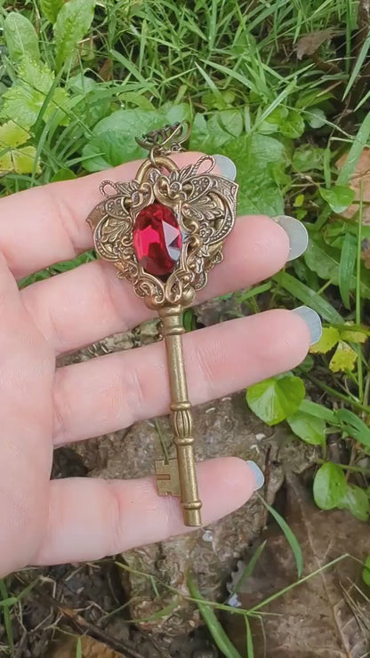 Fairy Princess Fantasy Key Necklace with Vintage Red Swarovski Crystal, Fantasy Jewelry