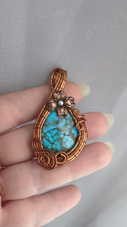 Natural Turquoise Copper Wire Wrapped Stone Pendant Necklace with Accent Flower, Turquoise Jewelry