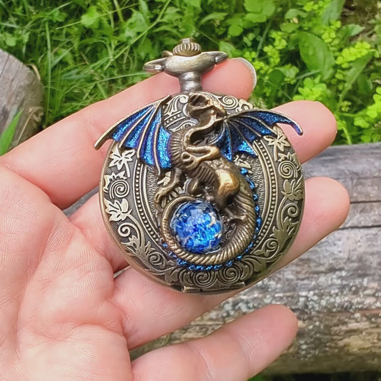  Dragon Necklace Pocket Watch with Blue Opal, Fantasy Jewelry, Gothic Jewelry