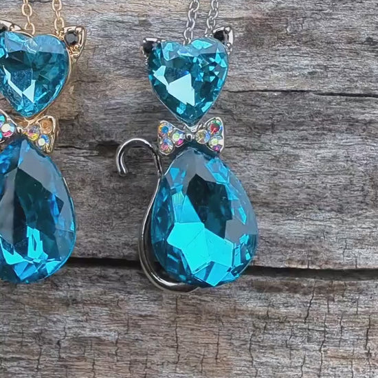 Stylish Crystal Cat Necklace with Many Color Options, Cat Jewelry, Cat Pendant
