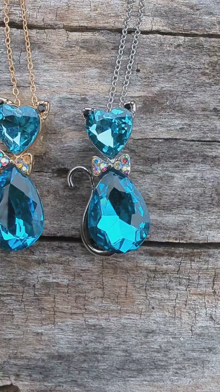 Stylish Crystal Cat Necklace with Many Color Options, Cat Jewelry, Cat Pendant