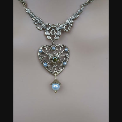 Vintage Brass Heart Necklace with Pearls & Peridot Crystals