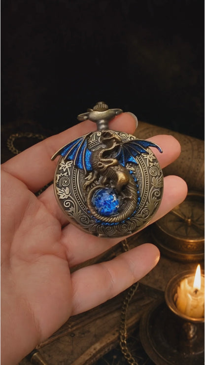 Gothic Dragon Pocket Watch Necklace with Blue Opal, Fantasy Jewelry