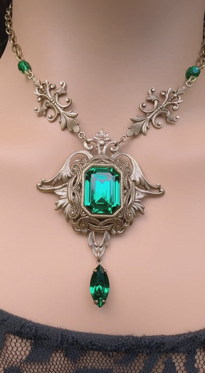Victorian Gothic Emerald Swarovski Crystal Statement Necklace & earring set– Antique Brass Filigree Vintage Statement Jewelry
