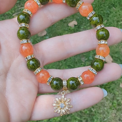 Sunstone & Jade Beaded Stretch Bracelet: 18K Gold Sun Charm, Autumn Healing Jewelry
