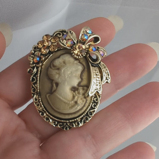 Vintage Classic Lady Cameo Brooch in Soft Ivory Necklace with Floral and Bow Accents