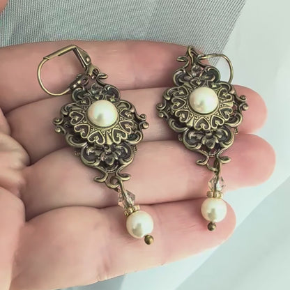 Vintage Brass Pearl and Crystal Victorian Dangle Earrings, Antique Gold Style Bridal Jewelry