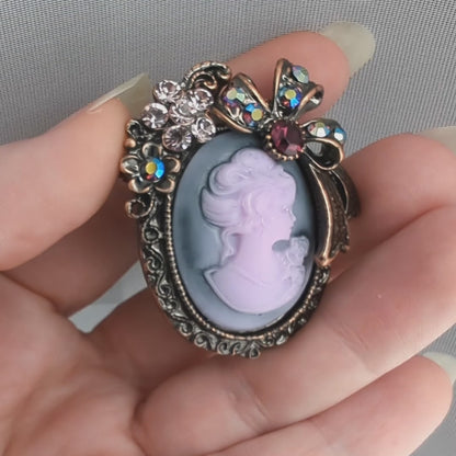 Alilang Vintage Classic Victorian Lady Purple Cameo Brooch with Rhinestone Floral and Bow Accents