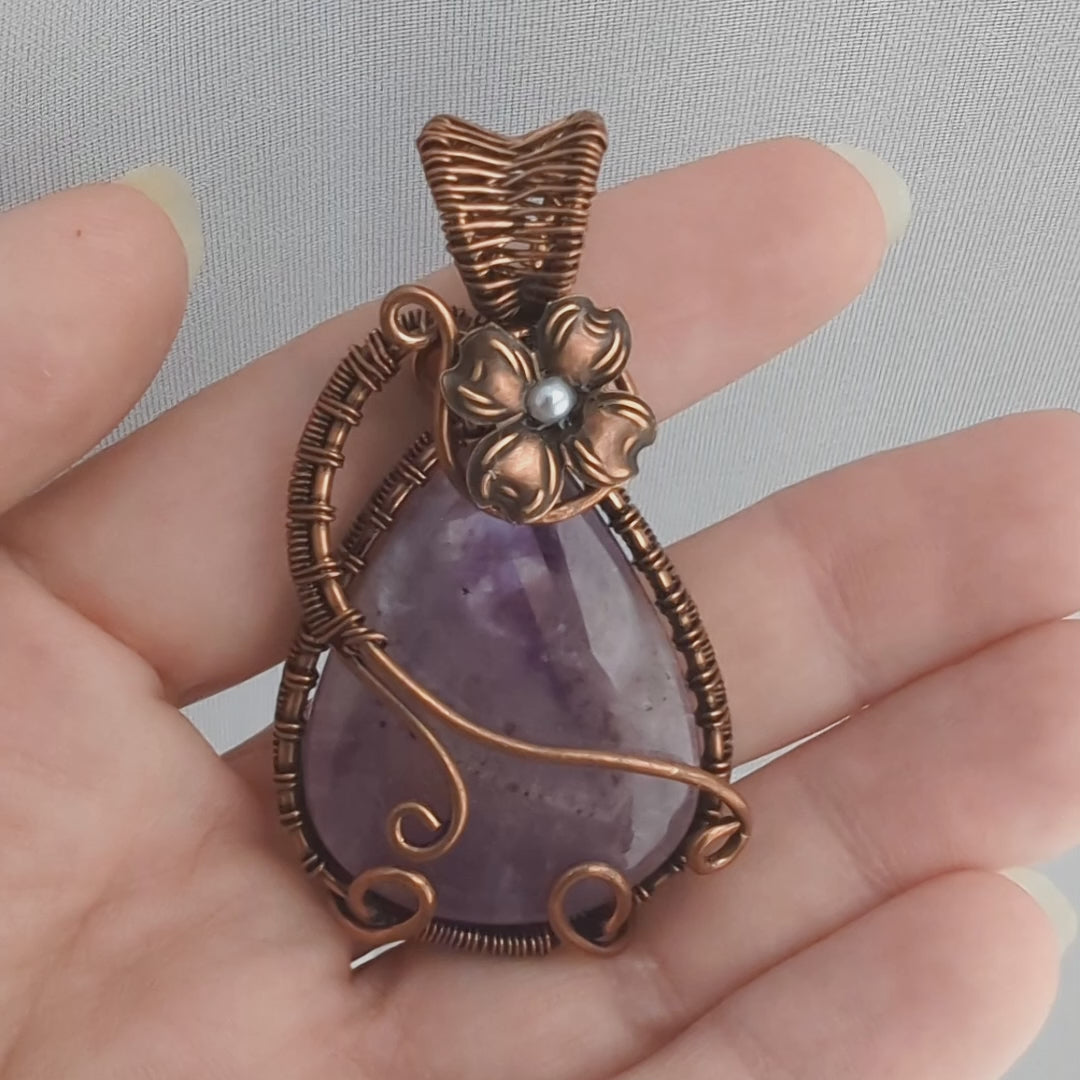 Wire Wrapped Amethyst Pendant Necklace with Flower Accent, Handcrafted Jewelry