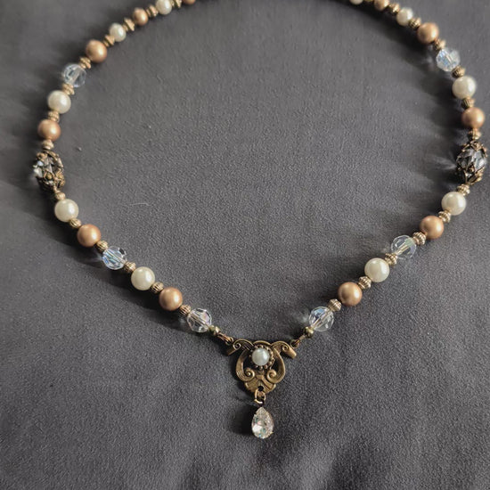 Vintage bridal Swarovski Crystal, Ivory and Gold Pearl necklace