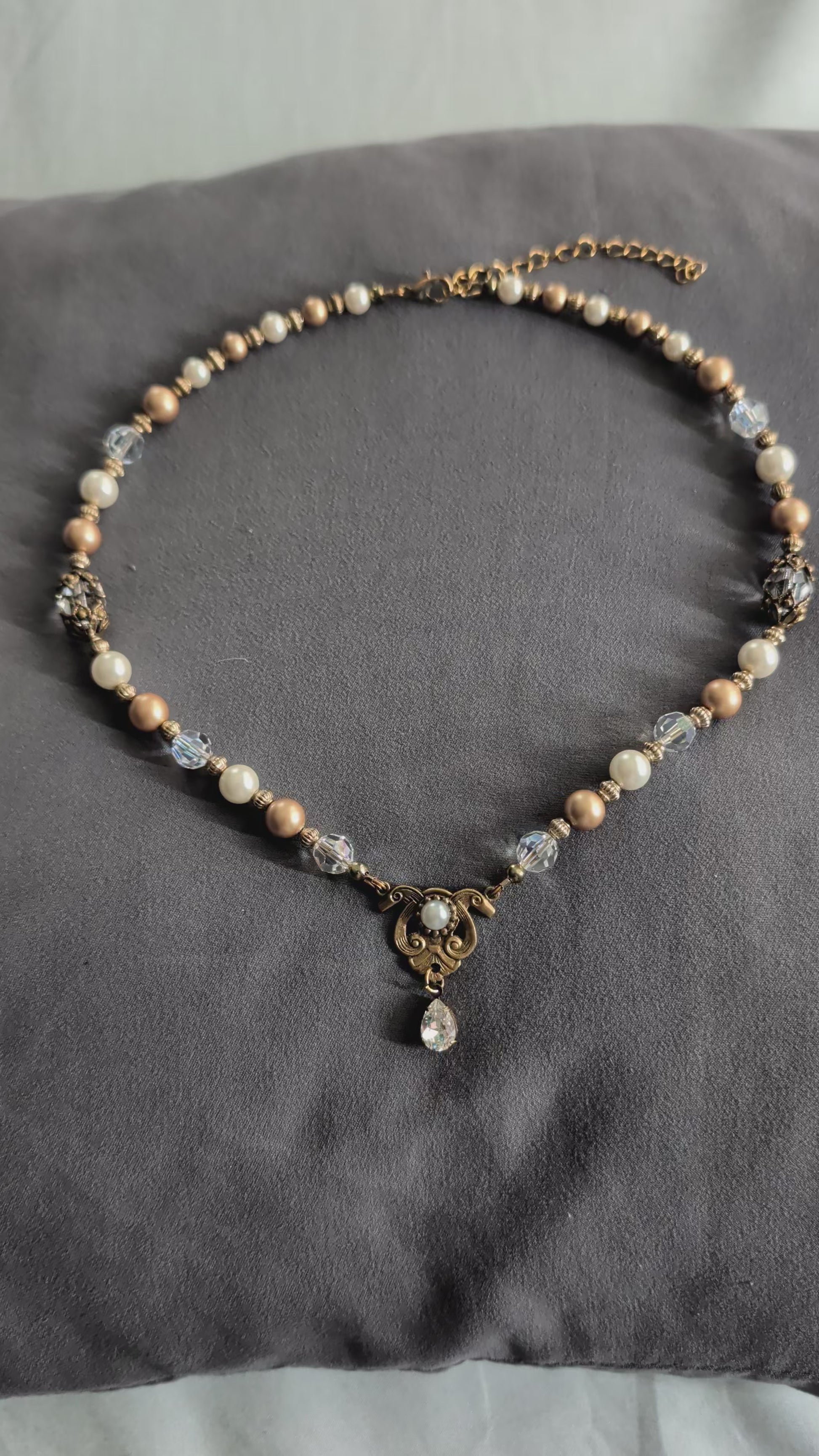 Vintage bridal Swarovski Crystal, Ivory and Gold Pearl necklace