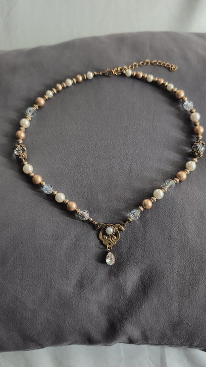 Vintage bridal Swarovski Crystal, Ivory and Gold Pearl necklace