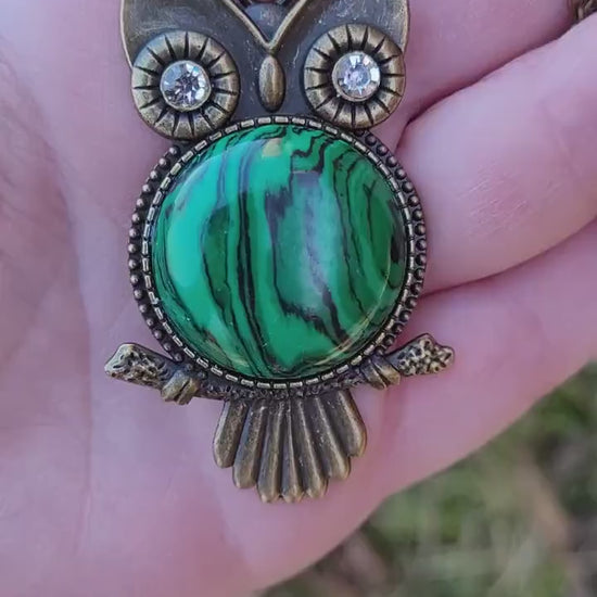 Bronze Owl Necklace with Natural Malachite Stone.  Owl jewelry gift!