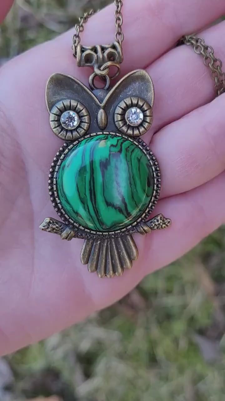 Bronze Owl Necklace with Natural Malachite Stone.  Owl jewelry gift!