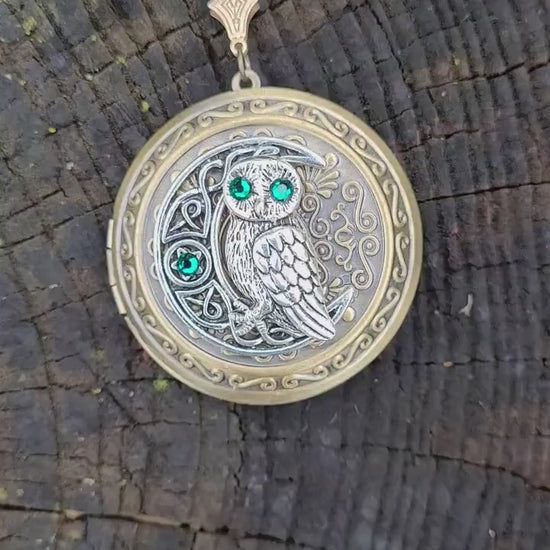 Owl on moon locket necklace with emerald Swarovski rhinestones.  Owl jewelry.