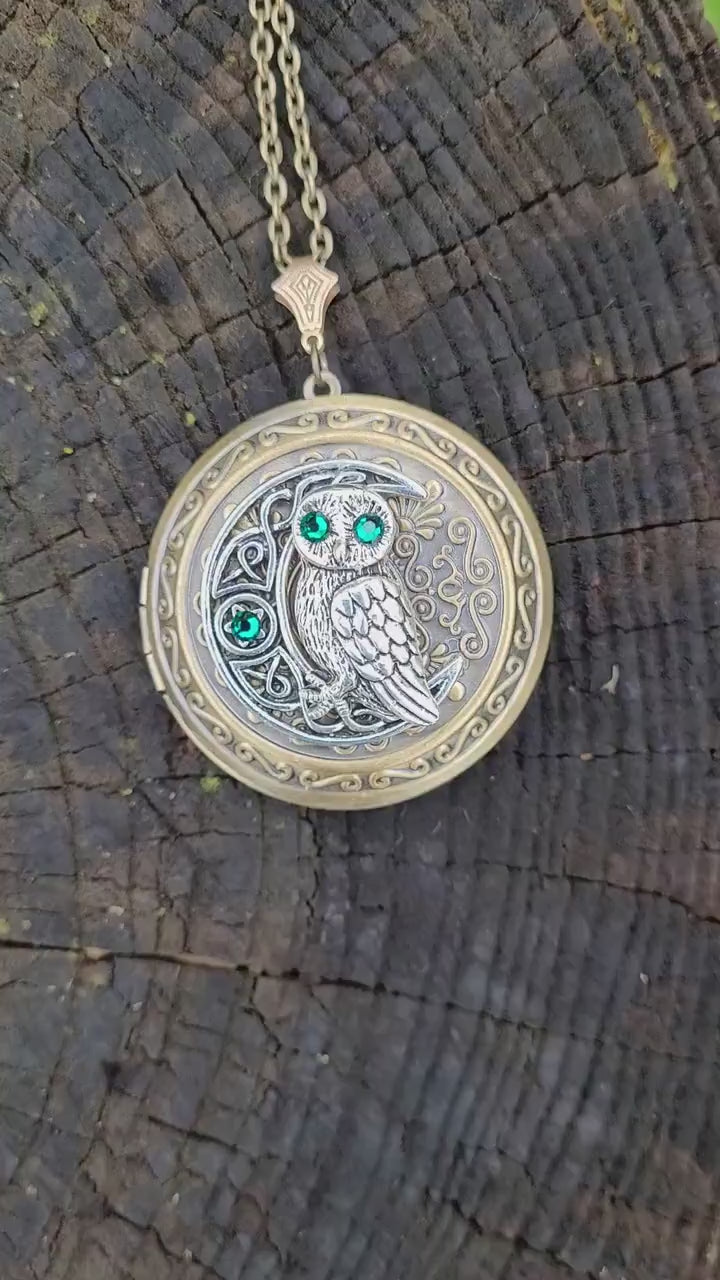 Owl on moon locket necklace with emerald Swarovski rhinestones.  Owl jewelry.