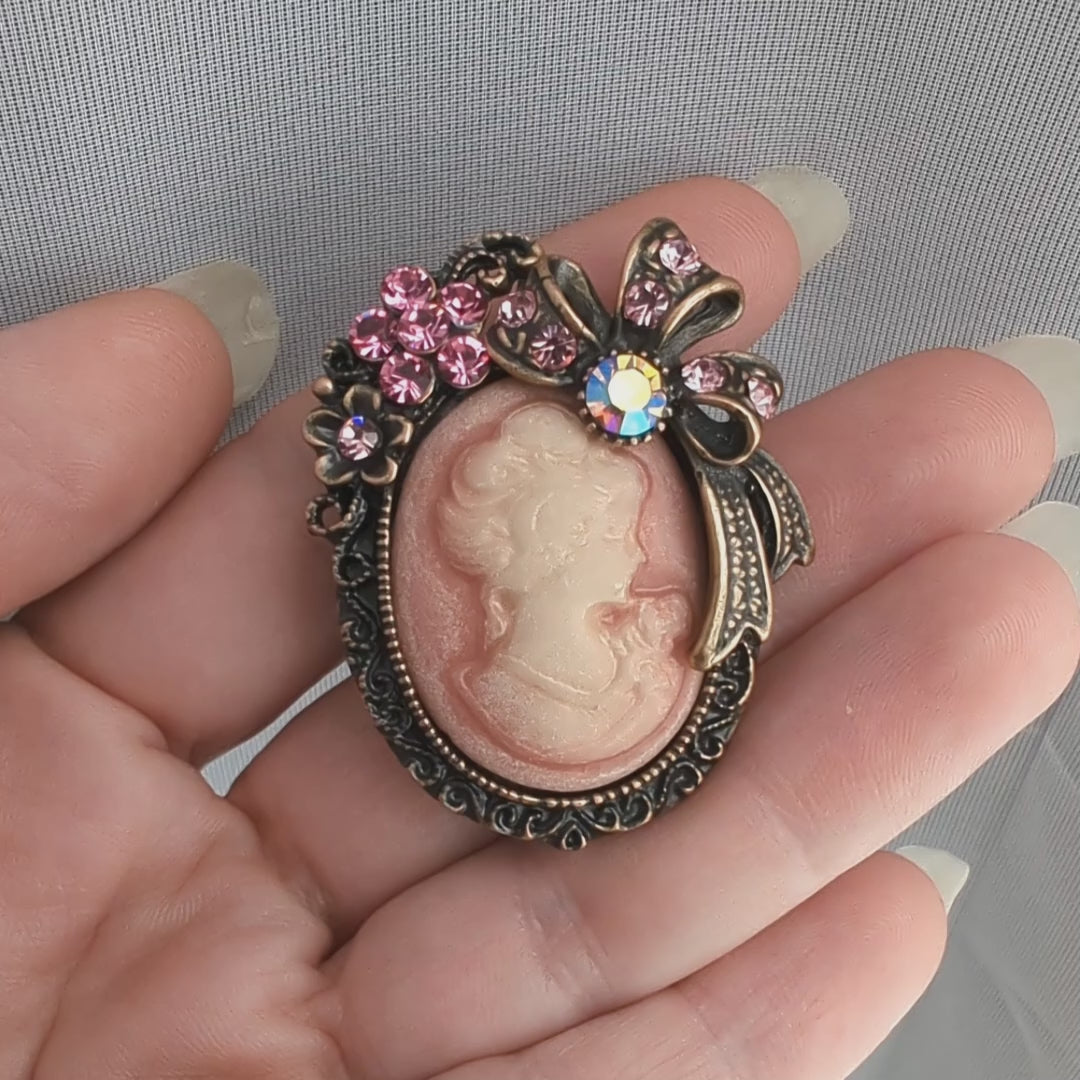 Alilang Vintage Classic Victorian Lady Pink Cameo Brooch with Rhinestone Floral and Bow Accents