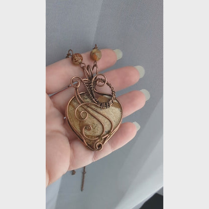 Picture Jasper Wire Wrapped Heart Stone Pendant Necklace, Heart Jewelry