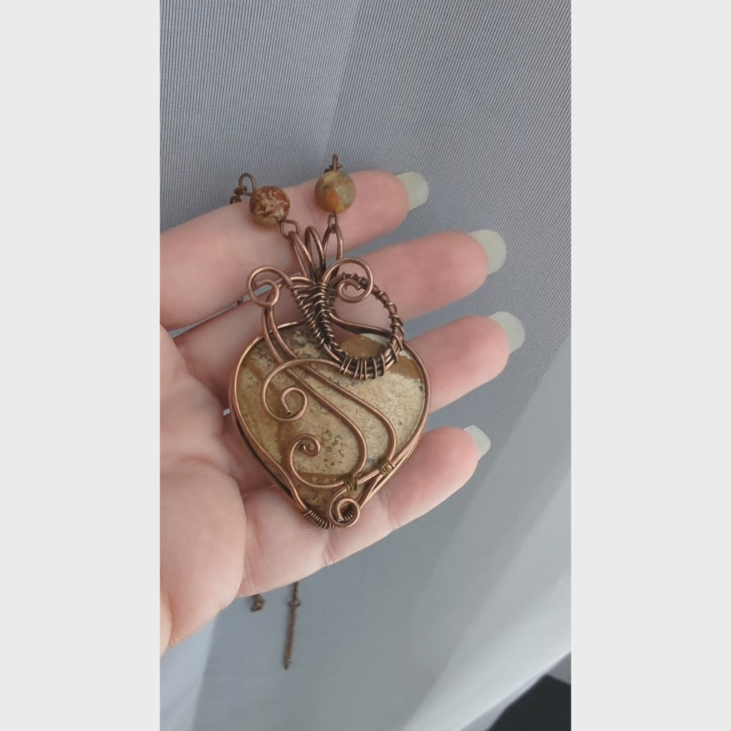 Picture Jasper Wire Wrapped Heart Stone Pendant Necklace, Heart Jewelry