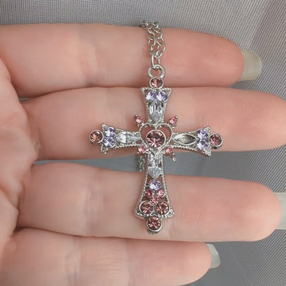 Pink and Purple Cubic Zirconia Crystal Cross Pendant Necklace