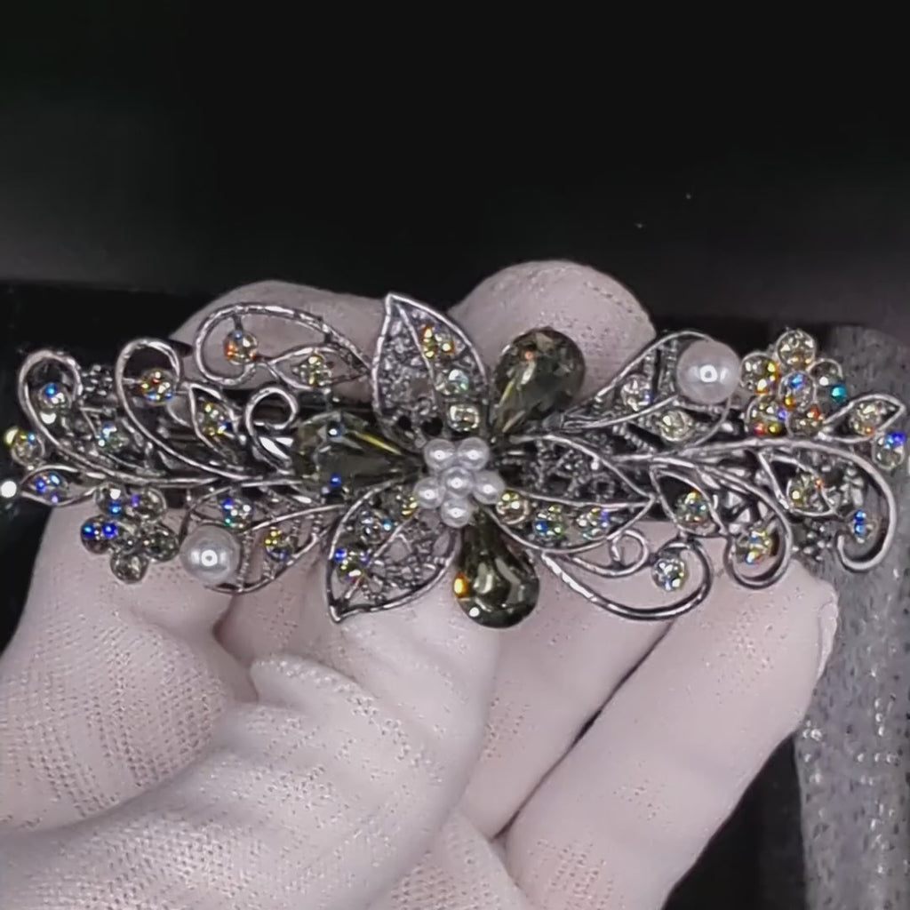 Black Diamond Floral Crystal Hair Clips, Fancy Hair Barrettes, Bridal Hair Accessories, Hair Barrettes for Thick Hair