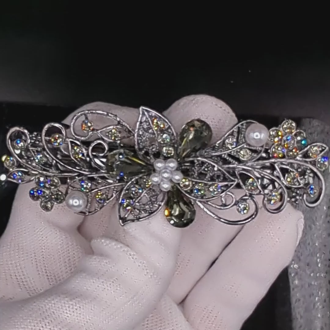 Black Diamond Floral Crystal Hair Clips, Fancy Hair Barrettes, Bridal Hair Accessories, Hair Barrettes for Thick Hair