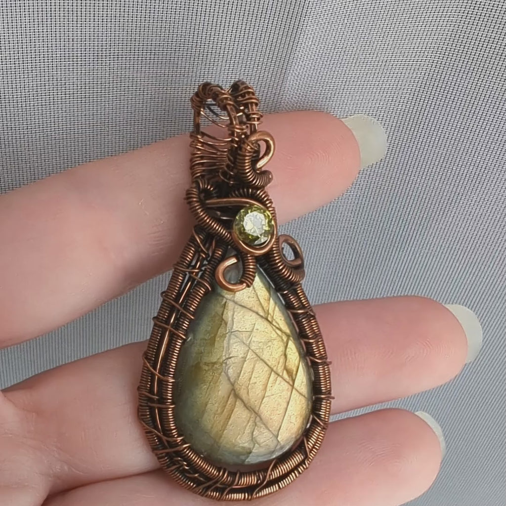 Labradorite Wire Wrapped Tear Drop Stone Pendant Necklace with CZ Crystal Accent, Labradorite Jewelry