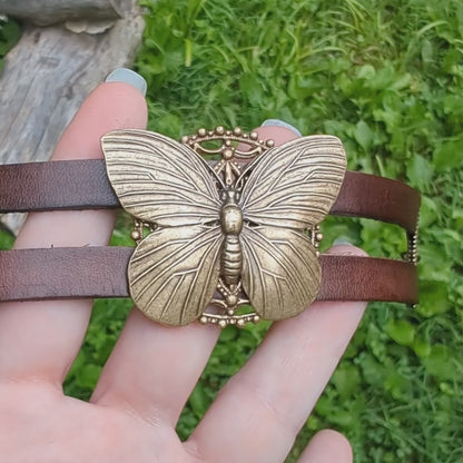 Boho Styled Brass Butterfly tiered Adjustable Leather Bracelet,  Butterfly Jewelry
