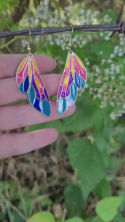 Gold Rainbow Dangle Butterfly Wing Earrings, Butterfly Jewelry