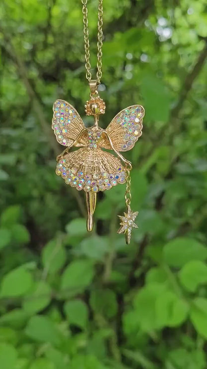 Gold Fairy Princess Ballerina Necklace with Wand Charm