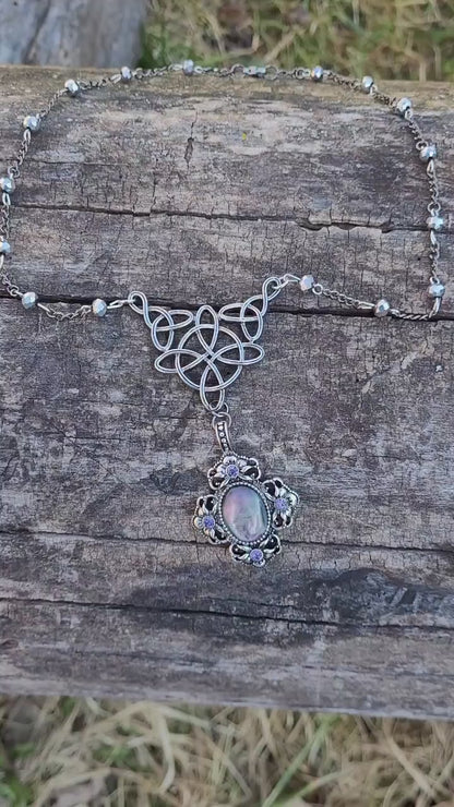 Unique Silver Celtic Styled Gothic Necklace with Mystic Stone and purple crystals
