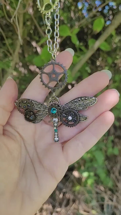 Steampunk Dragonfly necklace with blue Swarovski crystals, Steampunk jewlery