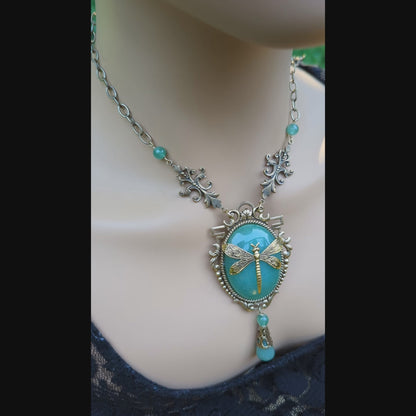 Dragonfly Pendant Necklace: 24K Gold Plated on Green Aventurine, Vintage Nature Jewelry, Optional Earrings