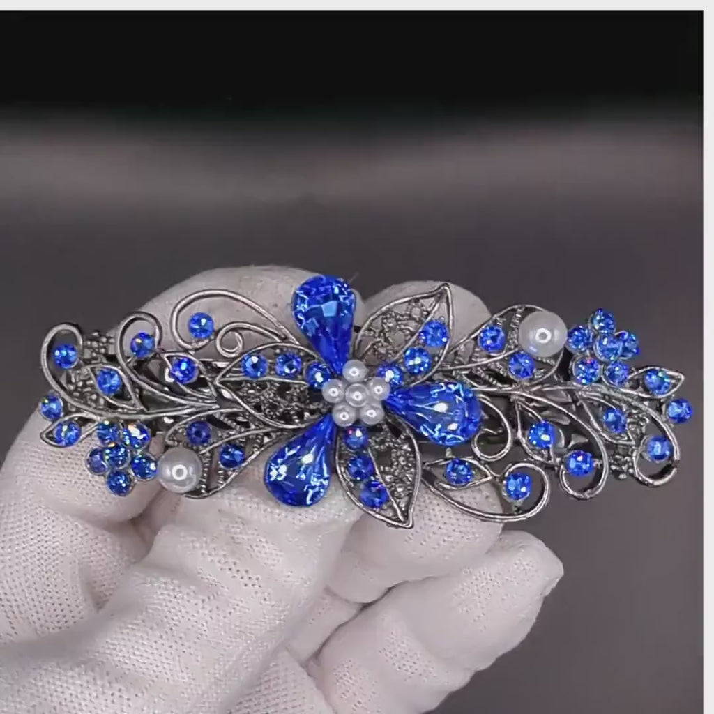 Swarovski Sapphire Blue Floral Crystal Hair Clips, Fancy Hair Barrettes, Bridal Hair Accessories, Hair Barrettes for Thick Hair, Wedding Jewelry, Vintage Jewelry, Elven Jewelry