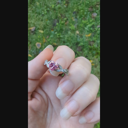 Pink Moissanite Heart Engagement Ring, Sterling Silver GRA Certified Nature Inspired Romantic Promise Ring, Pink Heart Gemstone