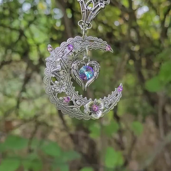 Magical  Sterling Silver Vintage Fairy on Crescent Moon necklace with  a heart and Swarovski crystals.  Fantasy jewelry lover gift.