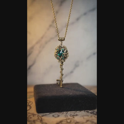 Emerald Swarovski Crystal Floral Key Necklace – Elven Fairycore Fantasy Jewelry