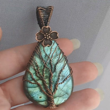 Large Natural Labradorite Tree of Life Wire Wrapped Stone Pendant with Flower Accent, Labradorite Jewelry