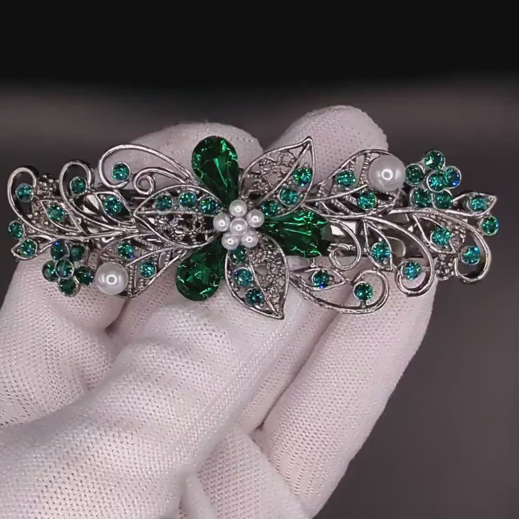 High Quality Swarovski Emerald Floral Crystal Hair Clips, Fancy Hair Barrettes, Bridal Hair Accessories, hair barrettes for thick hair