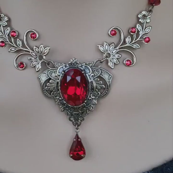 Vintage Scarlet Red Crystal Necklace Set, Vintage Jewelry, Vampire Jewelry