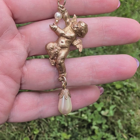 Vintage brass cherub angel pendant necklace with pearl